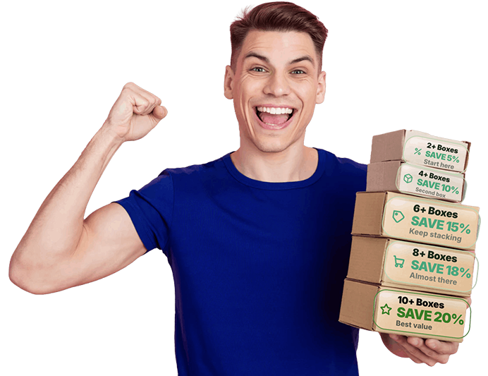 Customer holding boxes representing bulk savings tiers